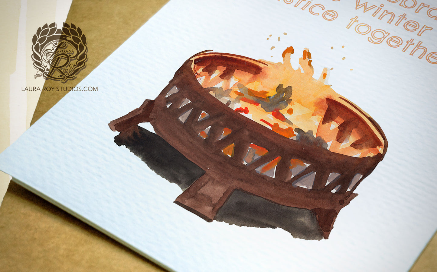 Personalized Firepit Holiday Card: Watercolor Fire with Warm Winter Wishes