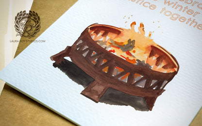 Personalized Firepit Holiday Card: Watercolor Fire with Warm Winter Wishes