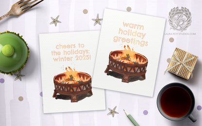 Personalized Firepit Holiday Card: Watercolor Fire with Warm Winter Wishes