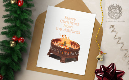 Personalized Firepit Holiday Card: Watercolor Fire with Warm Winter Wishes