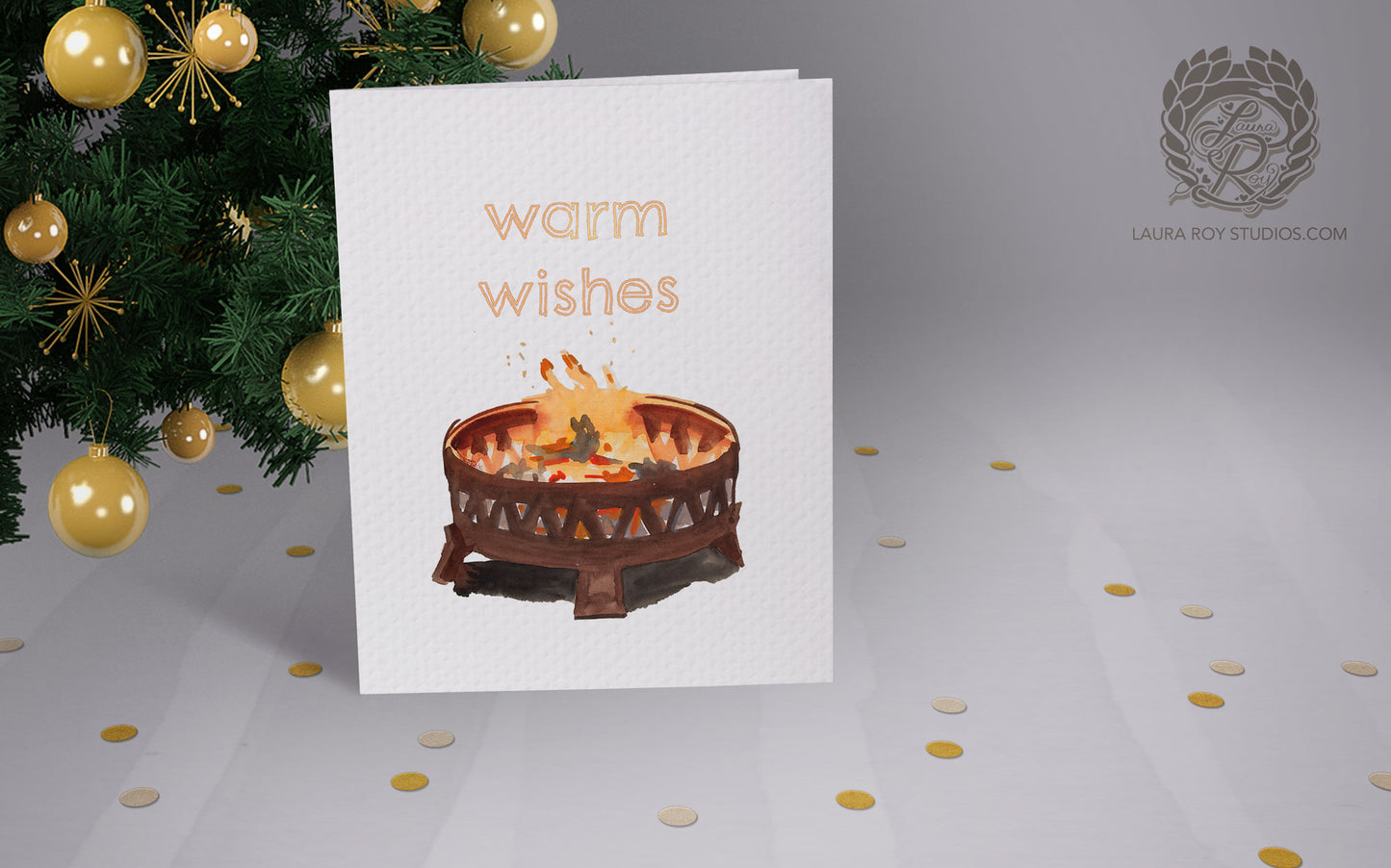 Personalized Firepit Holiday Card: Watercolor Fire with Warm Winter Wishes