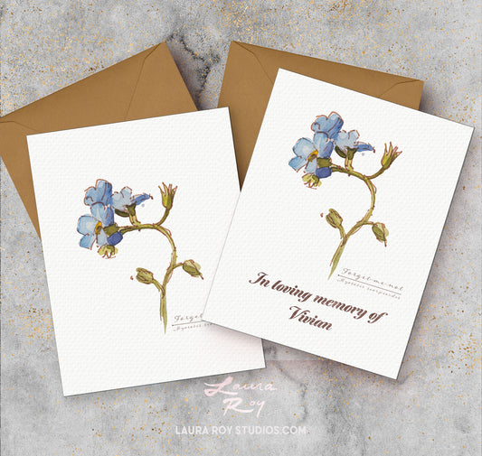 Personalized Forget-Me-Not Sympathy Card - Elegant Watercolor Art with Memorial Tribute (Single or Set)