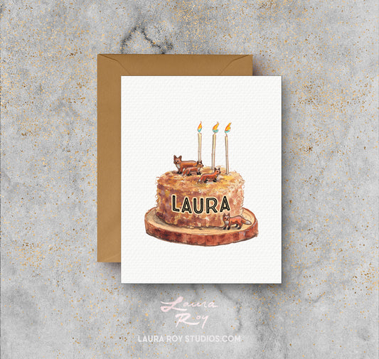 Personalized Fox Cake Birthday Card - Watercolor Painting of a Cake Surrounded by Foxes, Customizable Name Across the Cake (Single or Set)