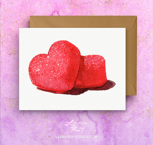 Personalized Sparkly Pink Gummy Heart Candies - Watercolor Valentine's Day Card, Sweetheart Gift for Her or for Him (Single or Set)