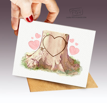 Personalized Heart Tree Trunk Card - Watercolor Artwork with Pink Hearts for Valentine's Day, Weddings, or Anniversaries (Single or Set)