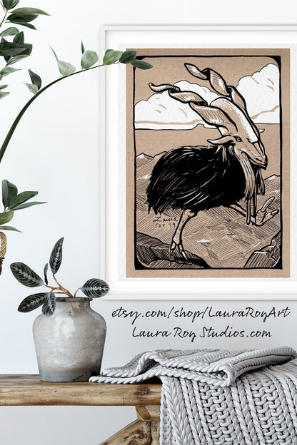 Mountain Bird Whimsical Pen + Ink Giclée Print
