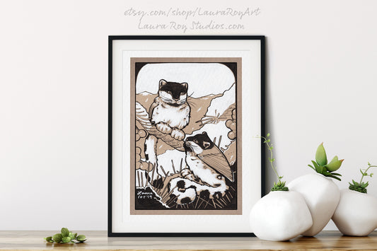 Hand-Drawn Woodland Chickadee Leopards Whimsical Pen + Ink Giclée Print