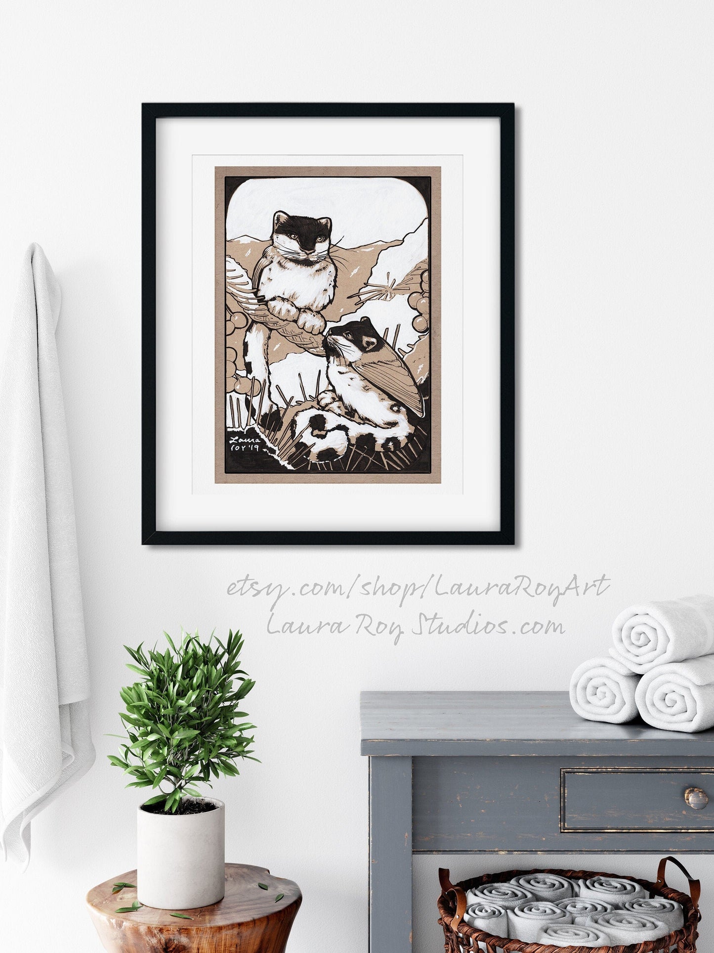 Hand-Drawn Woodland Chickadee Leopards Whimsical Pen + Ink Giclée Print