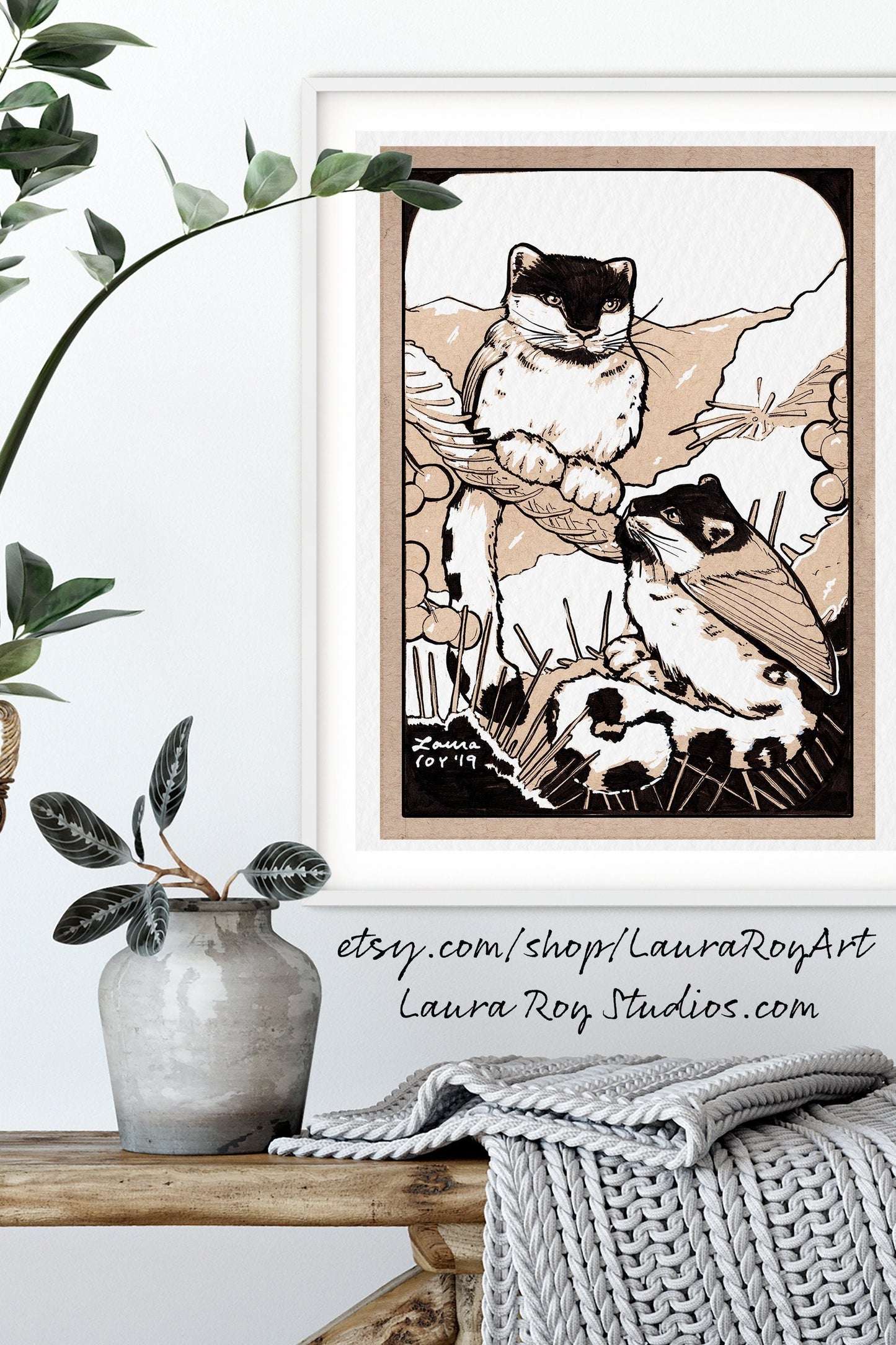 Hand-Drawn Woodland Chickadee Leopards Whimsical Pen + Ink Giclée Print