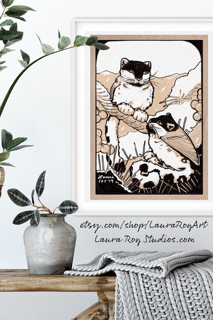 Hand-Drawn Woodland Chickadee Leopards Whimsical Pen + Ink Giclée Print