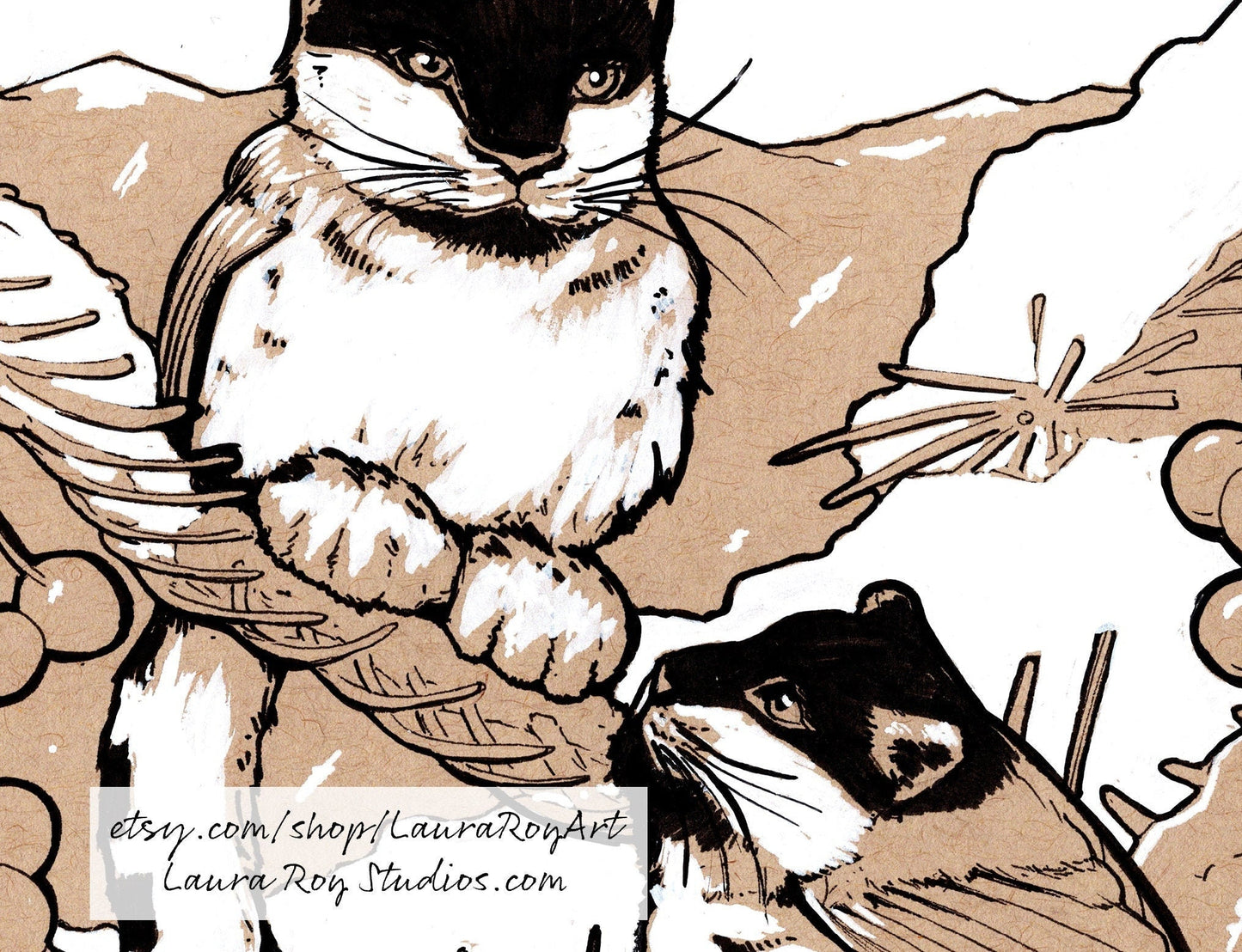 Hand-Drawn Woodland Chickadee Leopards Whimsical Pen + Ink Giclée Print
