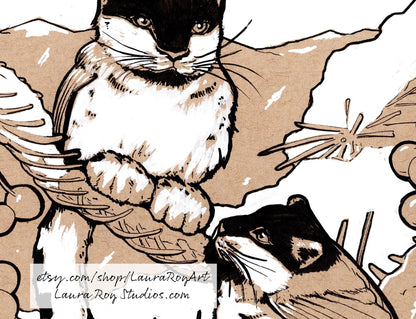 Hand-Drawn Woodland Chickadee Leopards Whimsical Pen + Ink Giclée Print