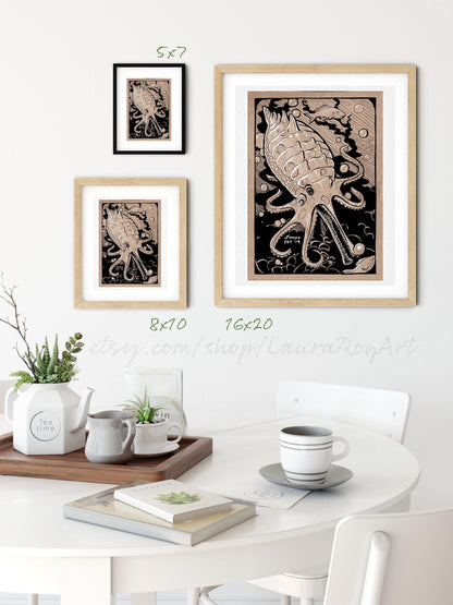 Gharial-Octopus Whimsical Pen + Ink | Giclée Print