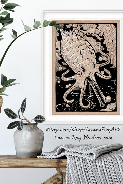 Gharial-Octopus Whimsical Pen + Ink | Giclée Print
