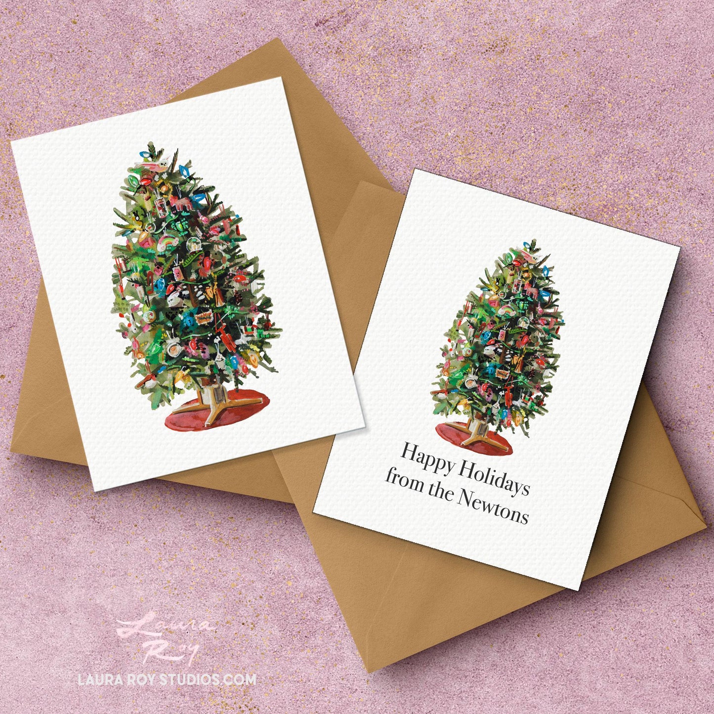 Personalized Fun Ornaments Christmas Tree Card - Watercolor Tree with Unique Ornaments & Colored Lights, Customizable Holiday Greeting (Single or Set)