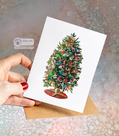 Personalized Fun Ornaments Christmas Tree Card - Watercolor Tree with Unique Ornaments & Colored Lights, Customizable Holiday Greeting (Single or Set)