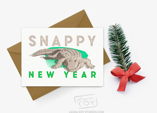 Personalized Snappy New Year Alligator Card  Watercolor Painting of Chester the Alligator, Customizable New Year Greeting (Single or Set)