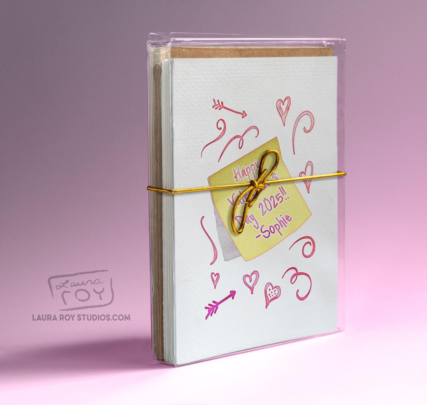 Personalized Sticky Note with Hearts Card - Watercolor Sketches with Custom Messages for Valentine's Day (Single or Set)