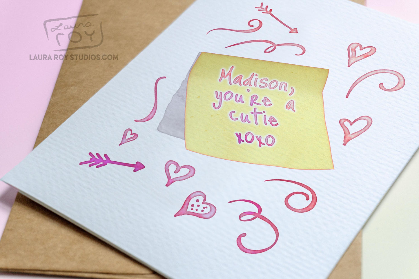 Personalized Sticky Note with Hearts Card - Watercolor Sketches with Custom Messages for Valentine's Day (Single or Set)