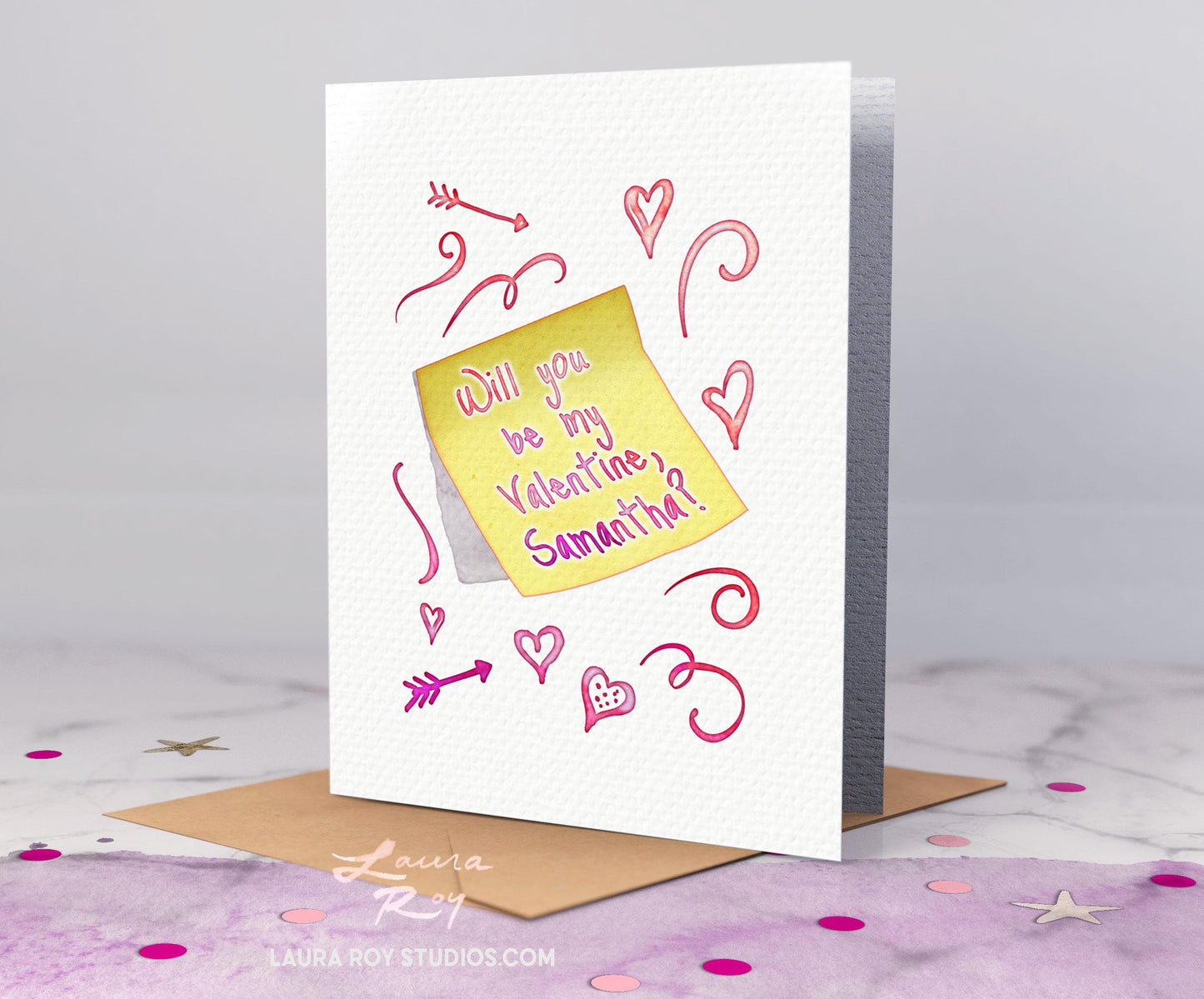 Personalized Sticky Note with Hearts Card - Watercolor Sketches with Custom Messages for Valentine's Day (Single or Set)