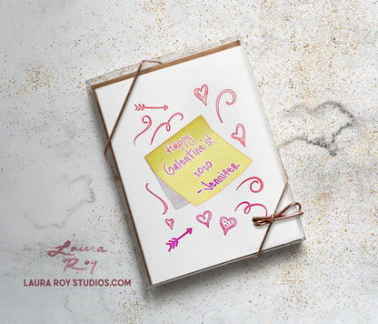 Personalized Sticky Note with Hearts Card - Watercolor Sketches with Custom Messages for Valentine's Day (Single or Set)