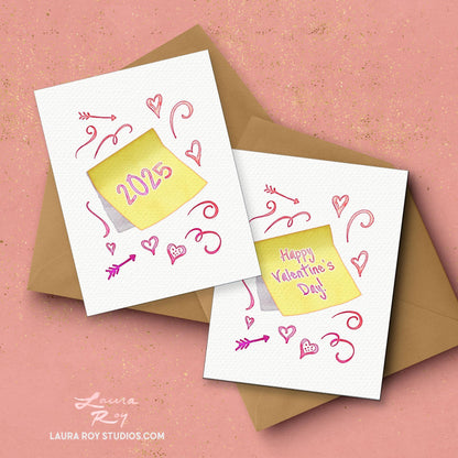 Personalized Sticky Note with Hearts Card - Watercolor Sketches with Custom Messages for Valentine's Day (Single or Set)