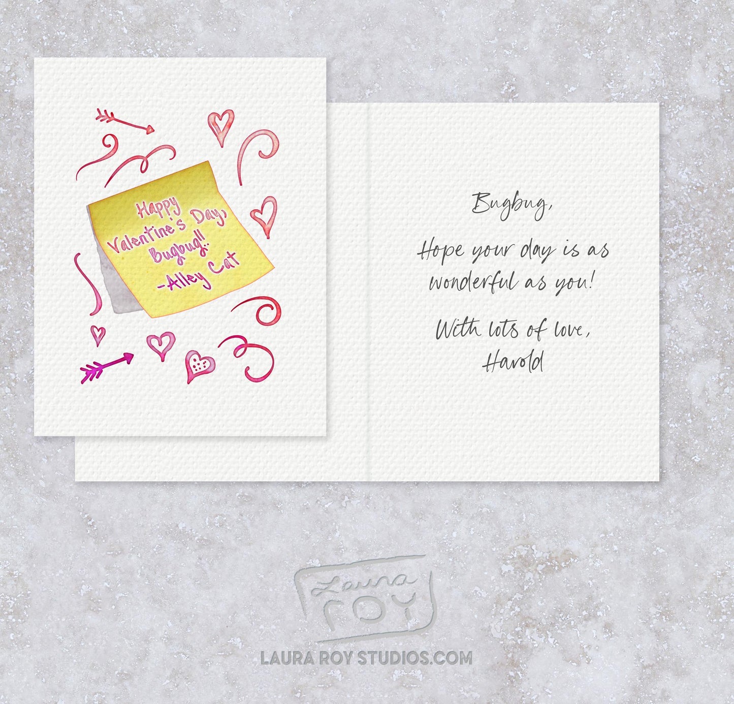 Personalized Sticky Note with Hearts Card - Watercolor Sketches with Custom Messages for Valentine's Day (Single or Set)