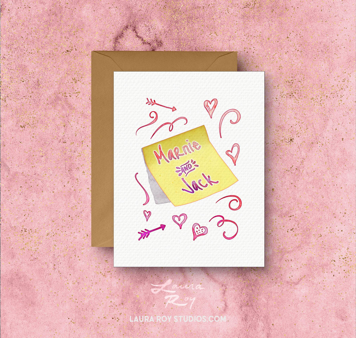 Personalized Sticky Note with Hearts Card - Watercolor Sketches with Custom Messages for Valentine's Day (Single or Set)