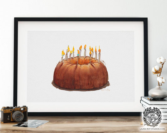 Watercolor Pound Cake Birthday Art Print  Whimsical Cake Illustration with Candles, Celebration Kitchen Decor