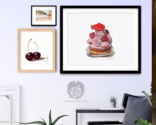Watercolor Raspberry Rose Pastry Art Print  St. Honoré Dessert Wall Art, Patisserie-Inspired Kitchen Print