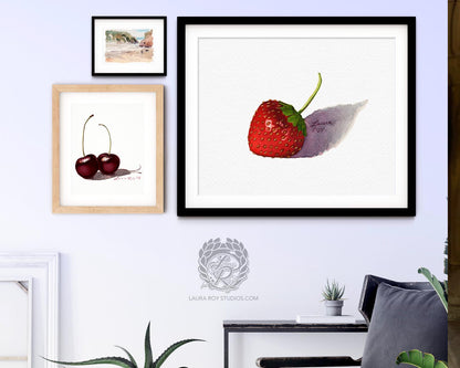 Watercolor Wild Strawberry Art Print  Botanical Fruit Illustration, Realistic Red Berry Kitchen Wall Decor