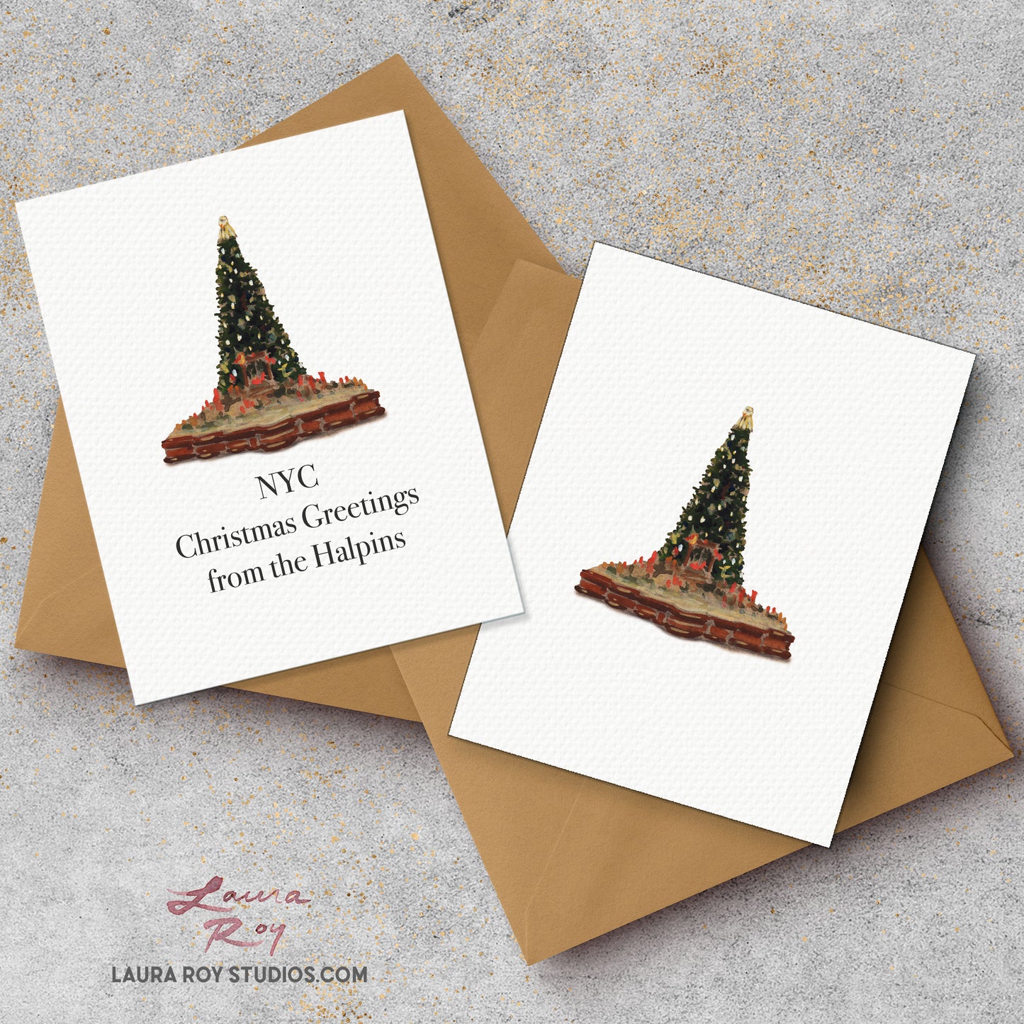 Personalized NYC Met Christmas Tree Card - Watercolor Artwork of Iconic Tree at The Met, Customizable Holiday Greeting (Single or Set)