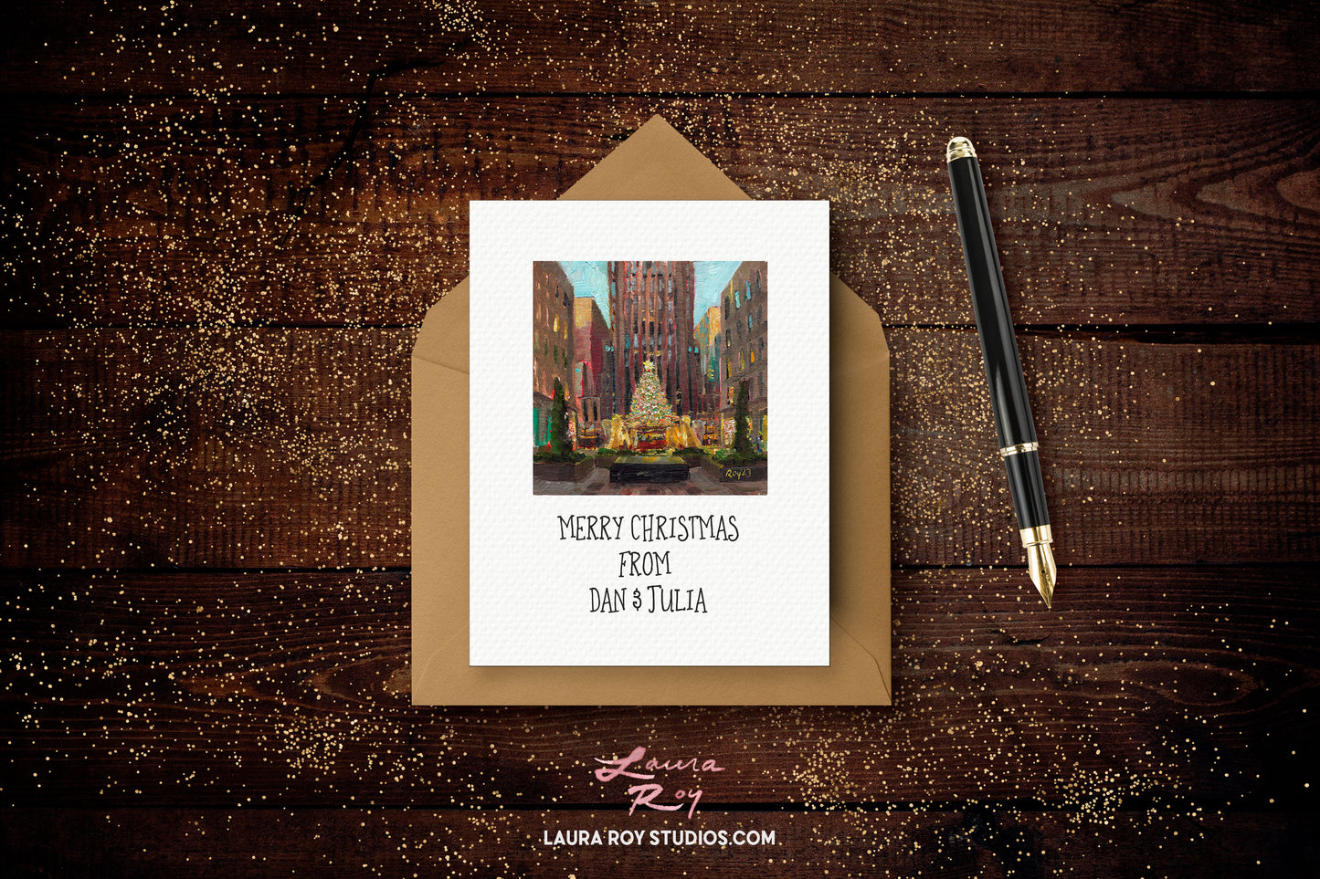 Personalized NYC Rockefeller Christmas Tree Card – Oil Painting of Rockefeller Center Tree at Dawn, Customizable Holiday Greeting (Single or Set)