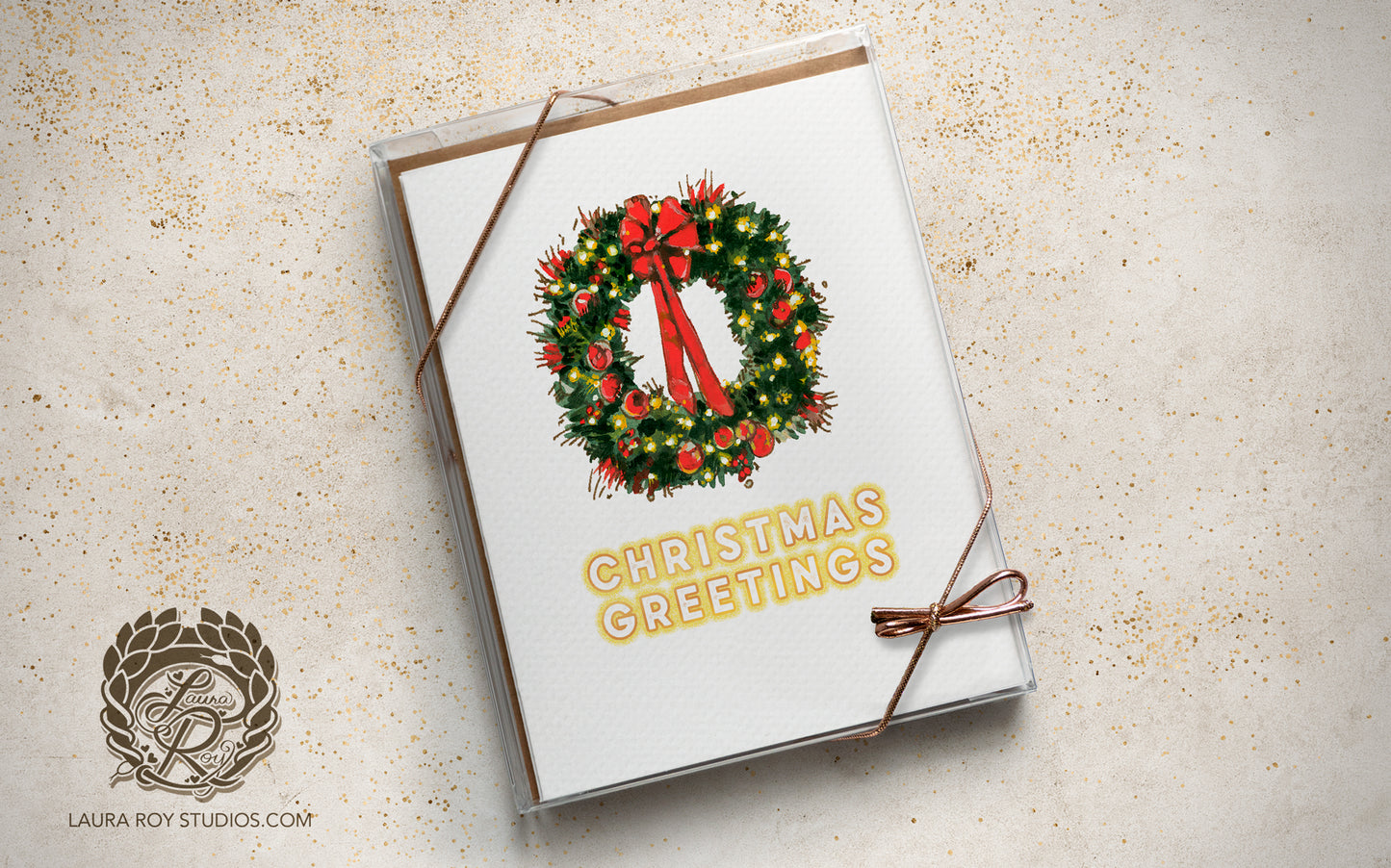 Personalized Wreath Holiday Card: Red Bow and Lights Wreath Christmas Card