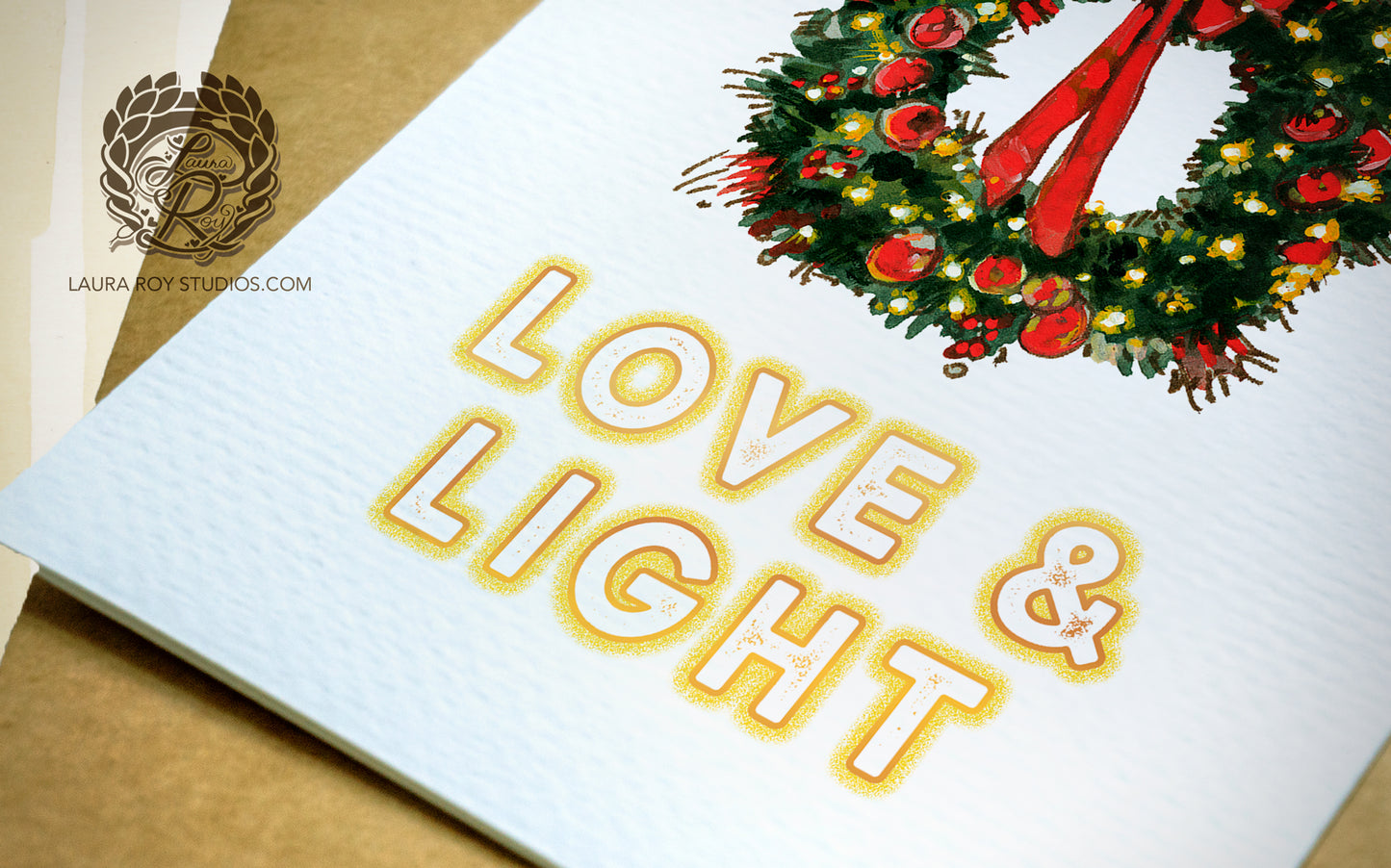 Personalized Wreath Holiday Card: Red Bow and Lights Wreath Christmas Card