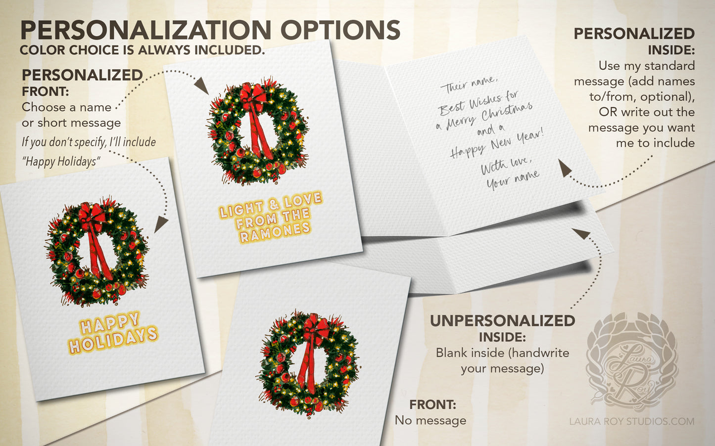 Personalized Wreath Holiday Card: Red Bow and Lights Wreath Christmas Card