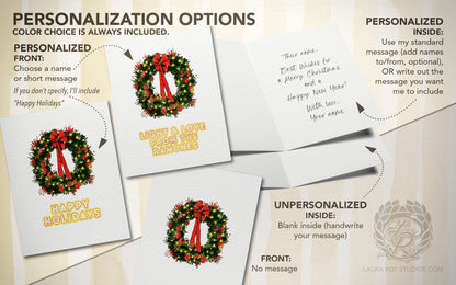 Personalized Wreath Holiday Card: Red Bow and Lights Wreath Christmas Card