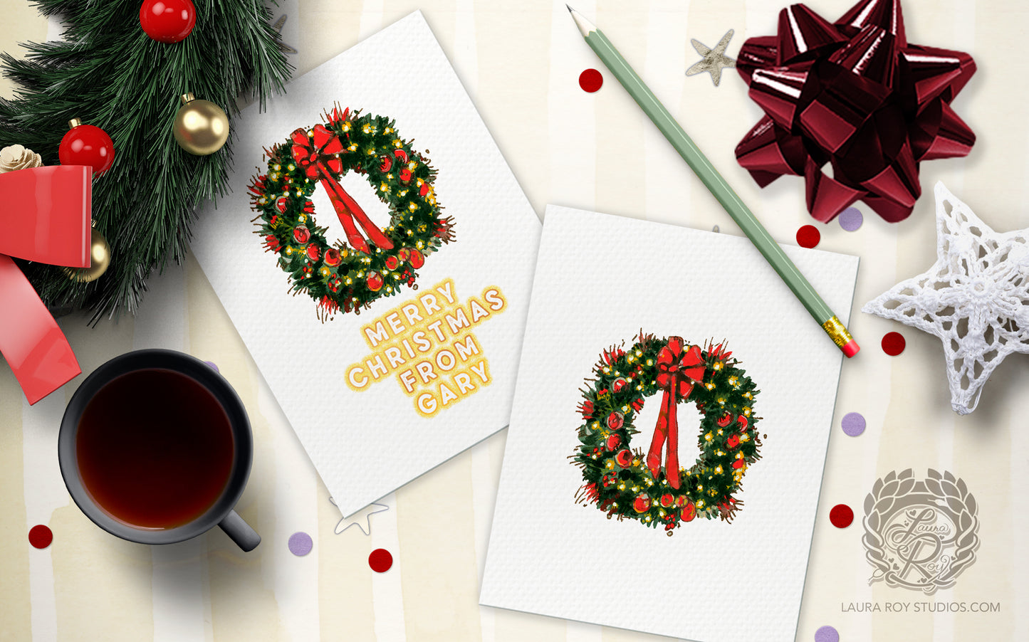 Personalized Wreath Holiday Card: Red Bow and Lights Wreath Christmas Card