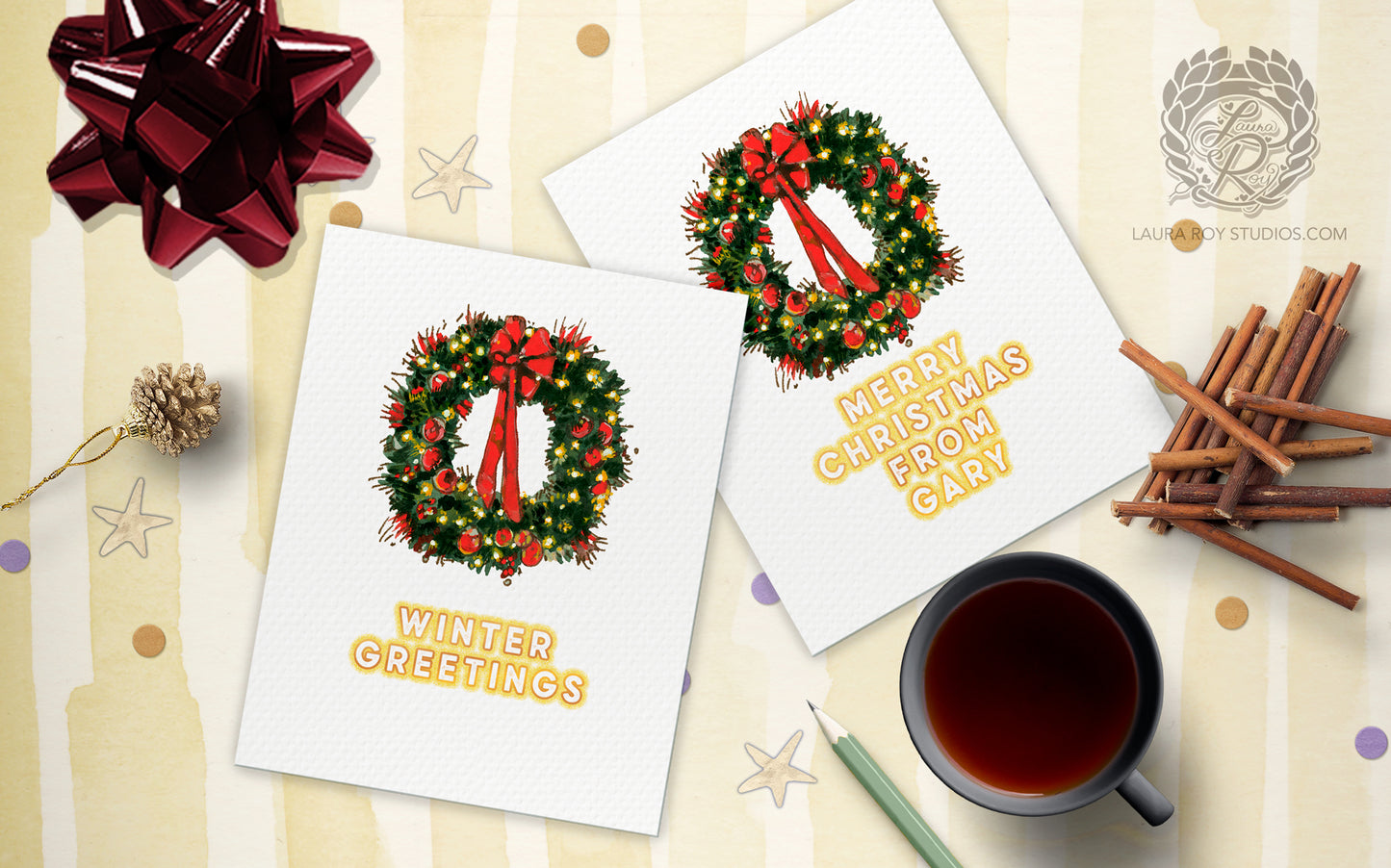Personalized Wreath Holiday Card: Red Bow and Lights Wreath Christmas Card