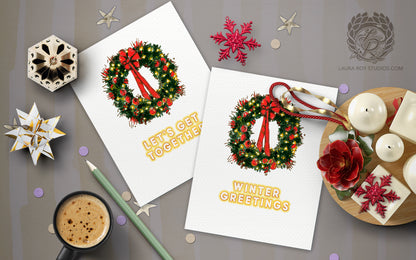 Personalized Wreath Holiday Card: Red Bow and Lights Wreath Christmas Card