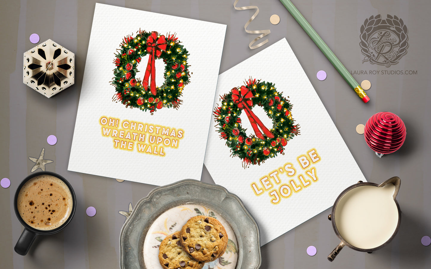 Personalized Wreath Holiday Card: Red Bow and Lights Wreath Christmas Card