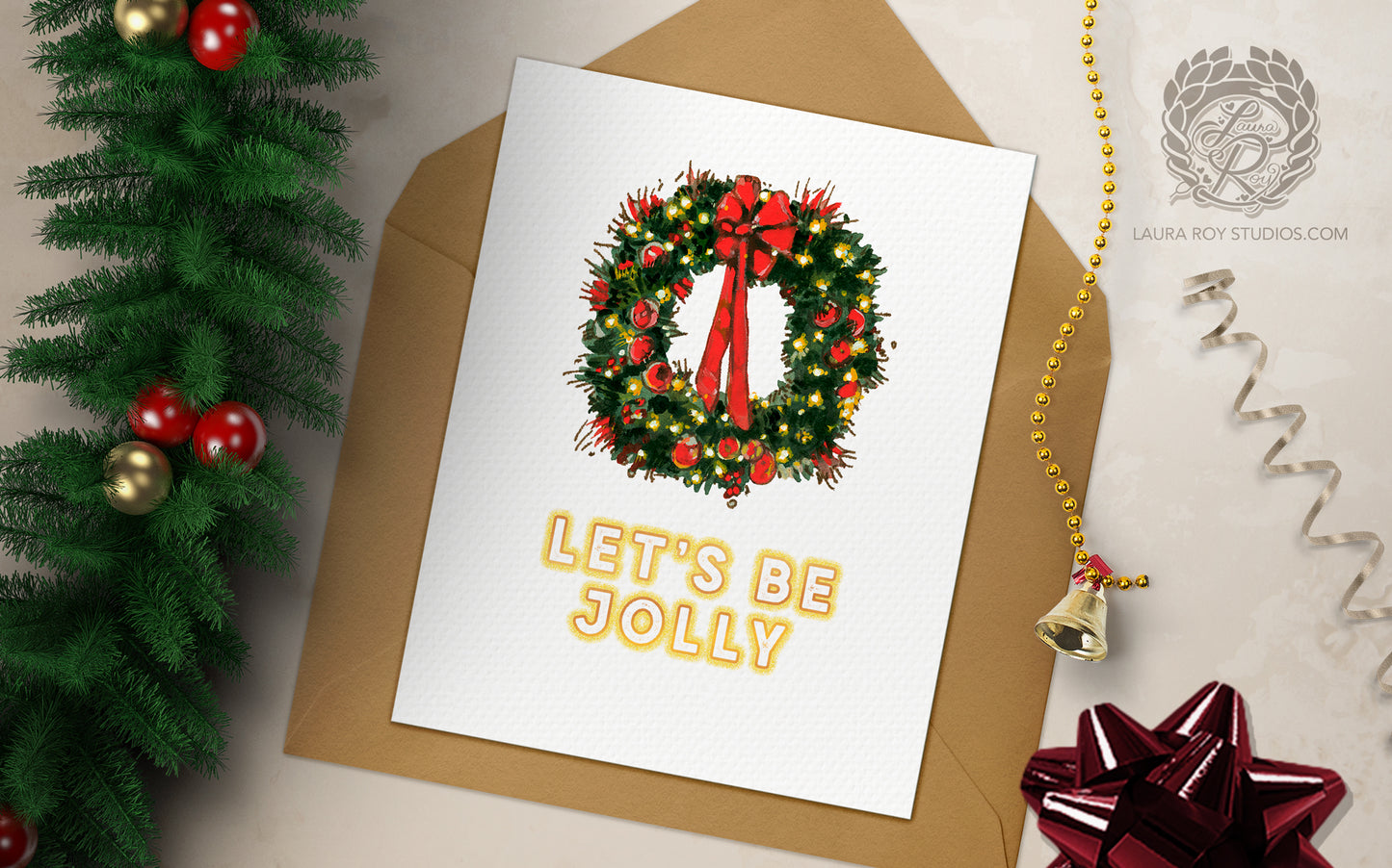 Personalized Wreath Holiday Card: Red Bow and Lights Wreath Christmas Card