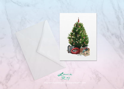 Personalized Christmas Tree with Cat – Cozy Watercolor Holiday Scene with Gifts and Cat, Customizable Greeting (Single or Set)