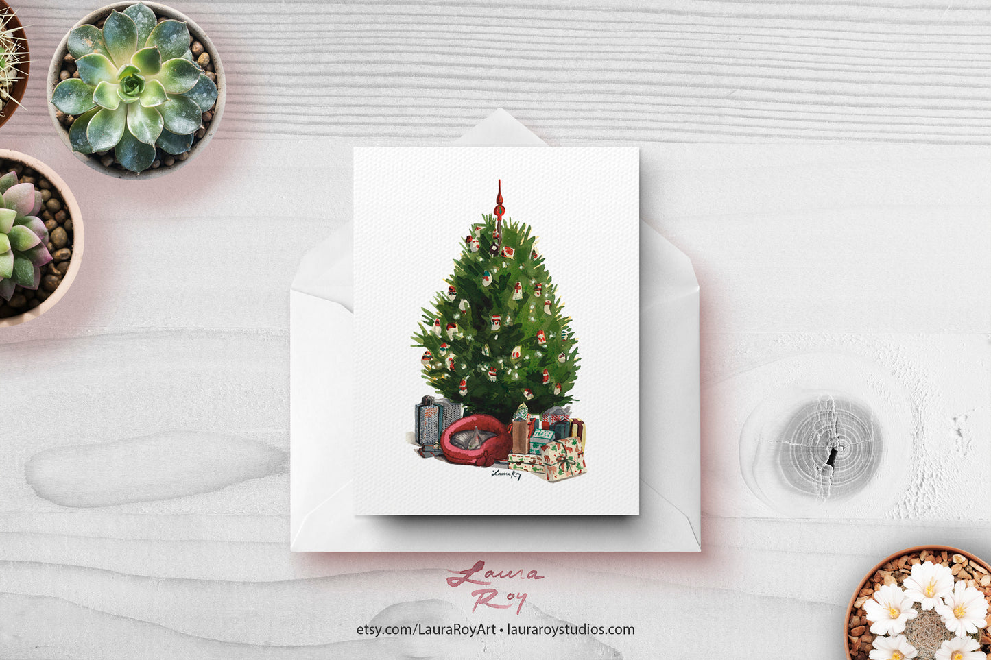 Personalized Christmas Tree with Cat – Cozy Watercolor Holiday Scene with Gifts and Cat, Customizable Greeting (Single or Set)