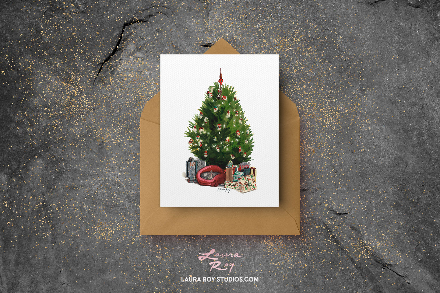 Personalized Christmas Tree with Cat – Cozy Watercolor Holiday Scene with Gifts and Cat, Customizable Greeting (Single or Set)