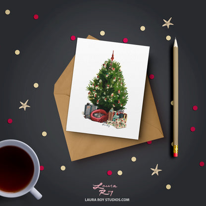 Personalized Christmas Tree with Cat – Cozy Watercolor Holiday Scene with Gifts and Cat, Customizable Greeting (Single or Set)