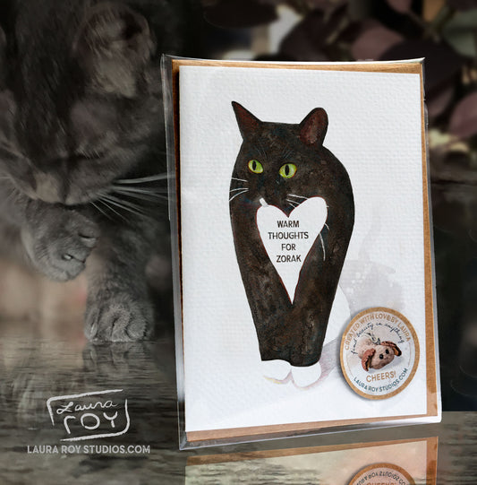 Personalized Cat with Heart Card - Whimsical Watercolor Tuxedo Cat for Valentine's, Anniversary, Birthday, or Pet Sympathy (Single or Set)