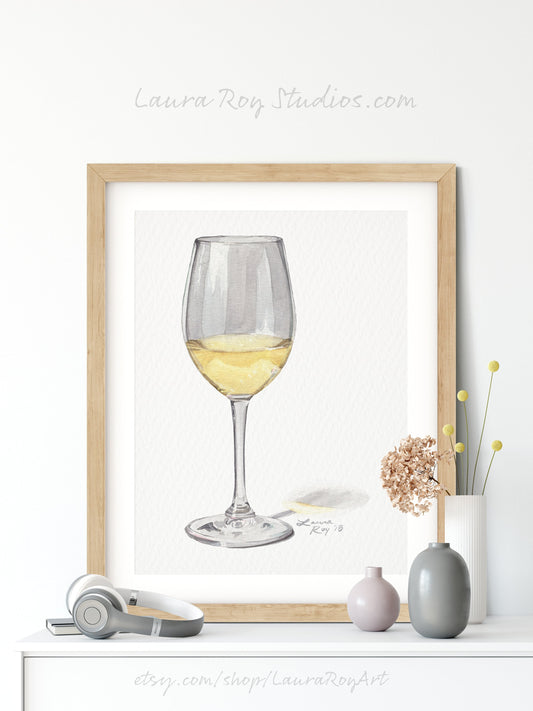 Glass of White Wine Watercolor | Giclée Print