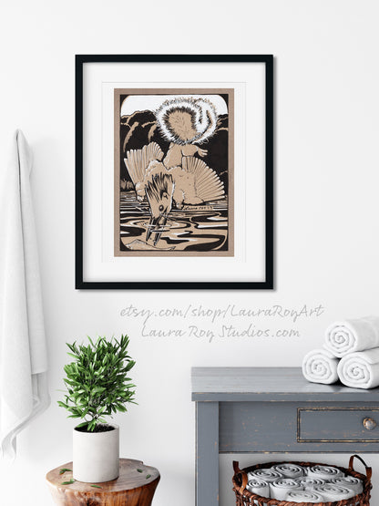 King Fisher Squirrel Whimsical Pen + Ink | Giclée Print