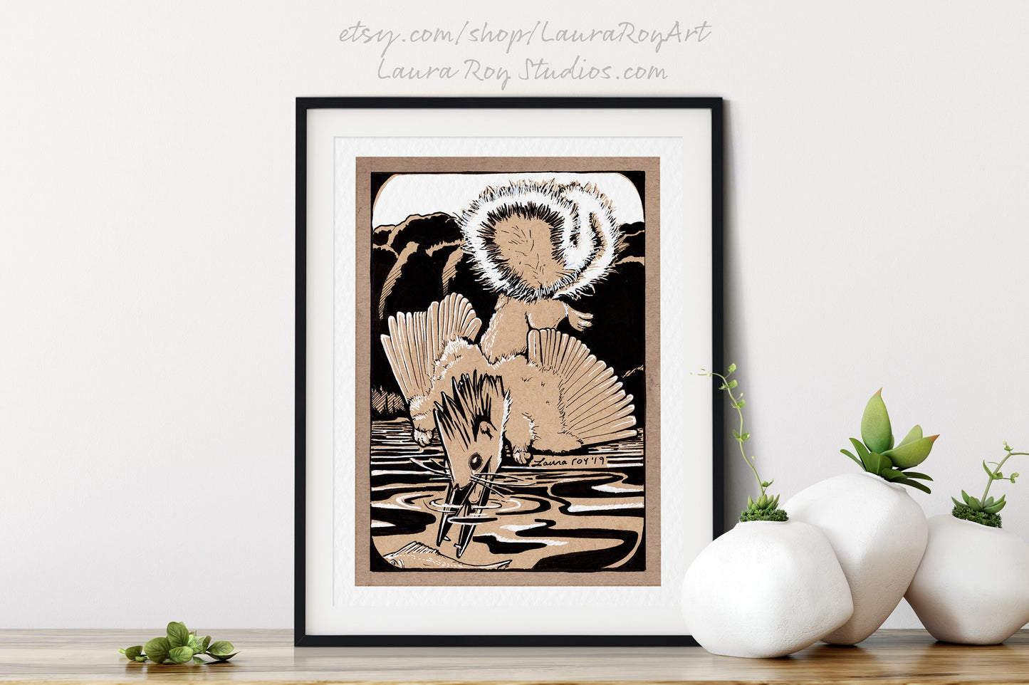 King Fisher Squirrel Whimsical Pen + Ink | Giclée Print